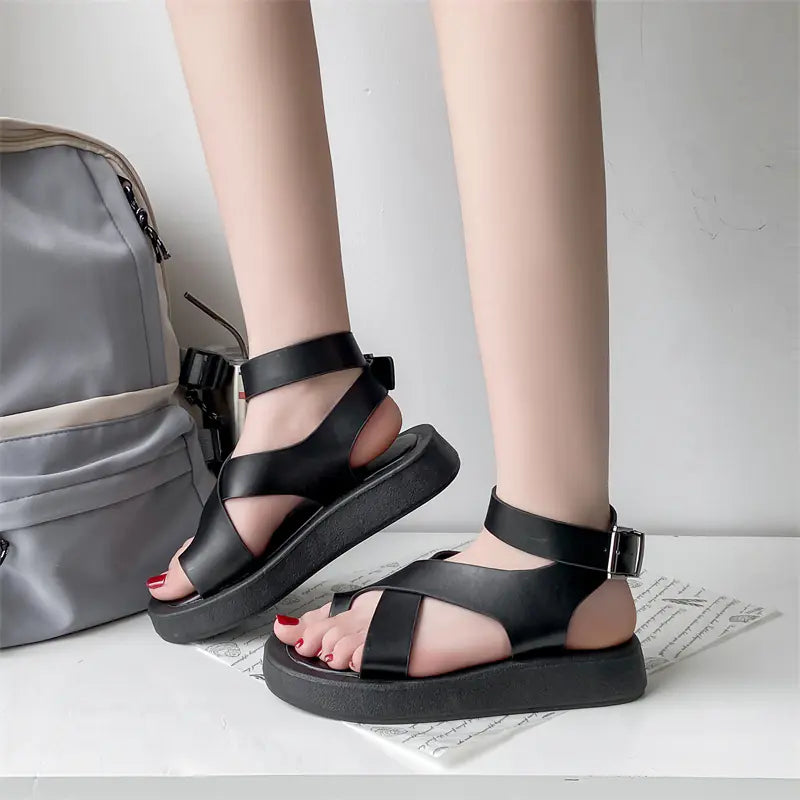 Women's Leather Muffin Buckle Summer Sandals