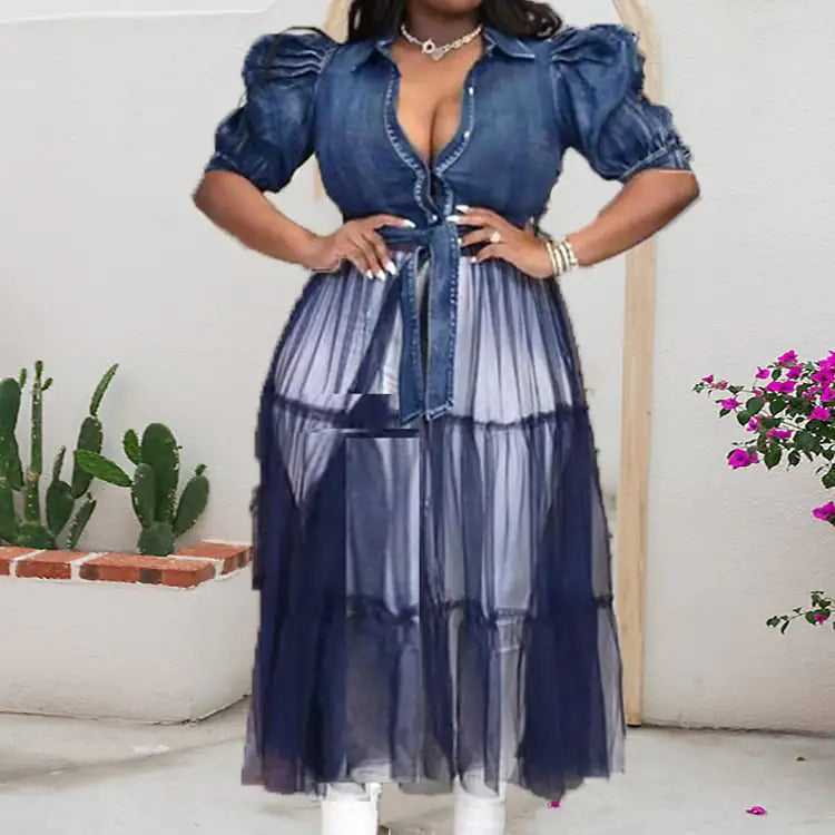Plus Size Women's Denim Stitching Cardigan Dress