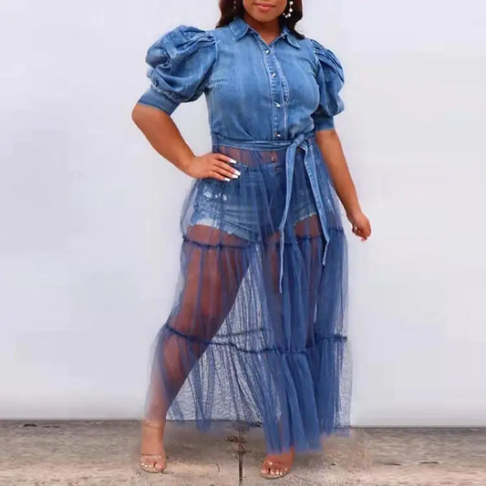 Plus Size Women's Denim Stitching Cardigan Dress