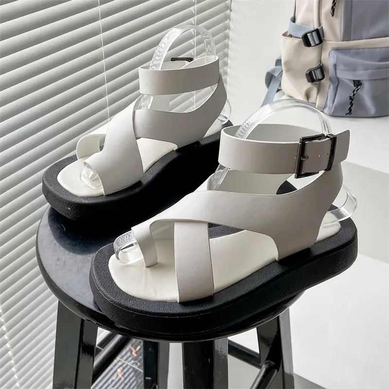 Women's Leather Muffin Buckle Summer Sandals