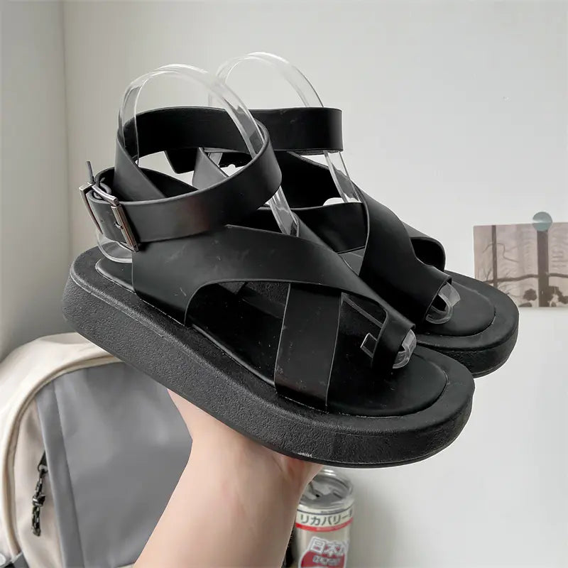 Women's Leather Muffin Buckle Summer Sandals